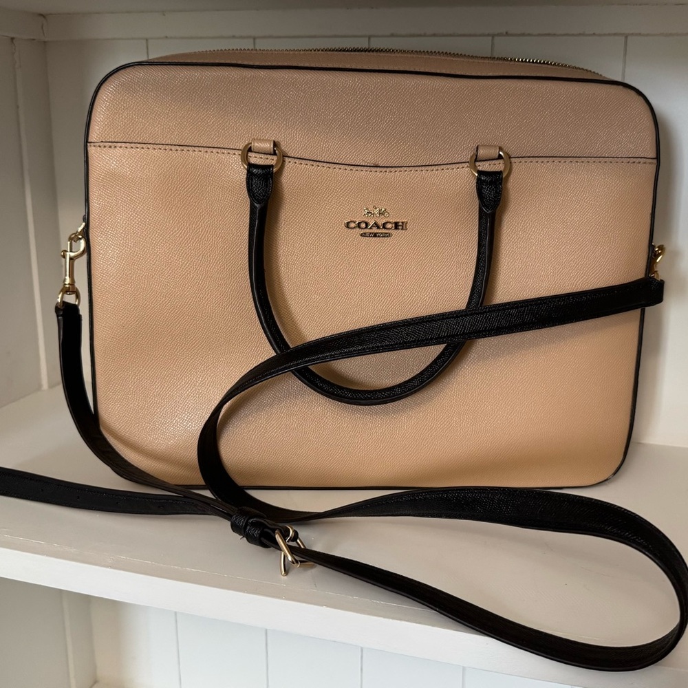 Coach Tan and Black Laptop Bag with Structured Design